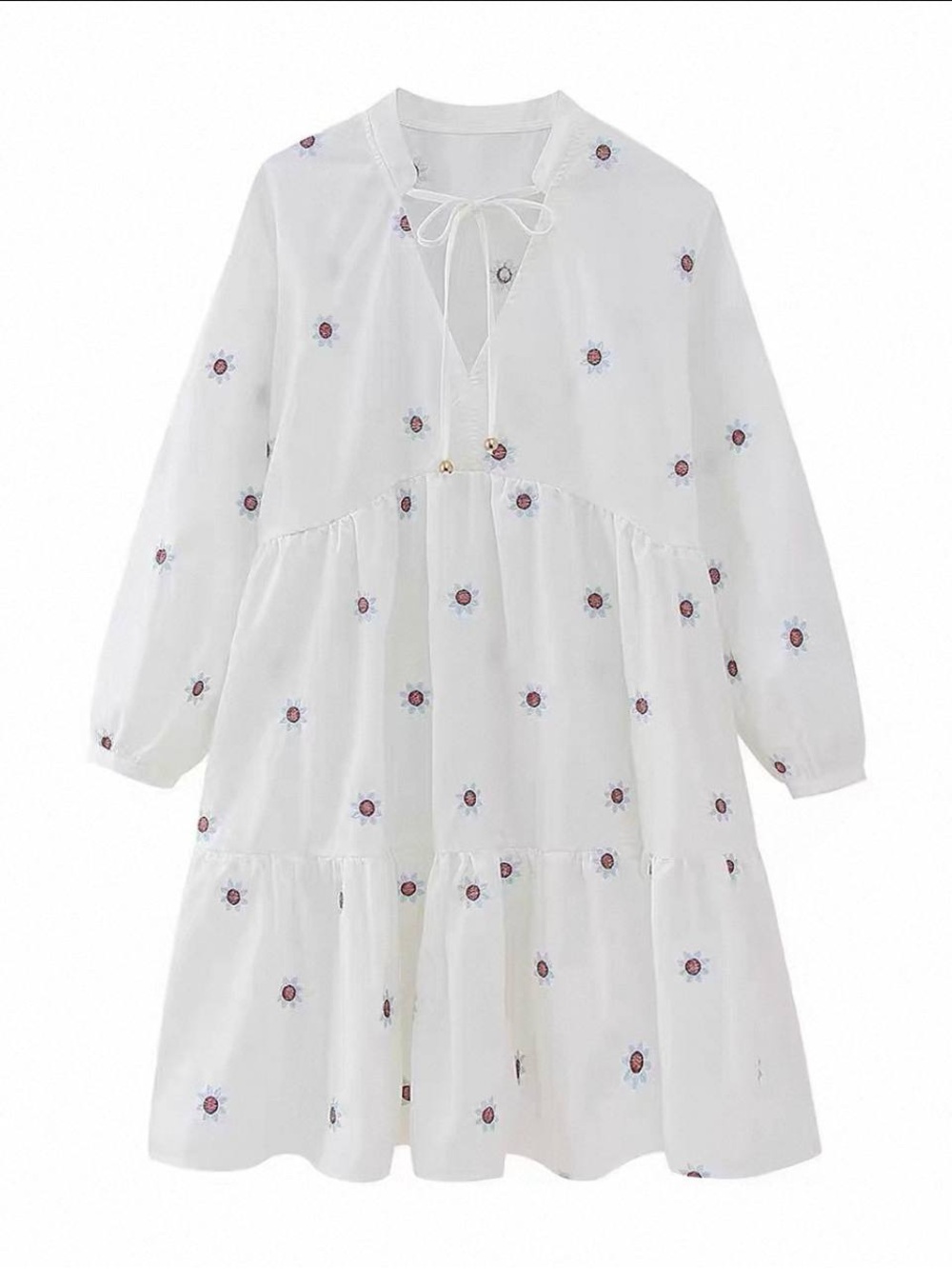 Beige Floral Embroidered Tiered Dress